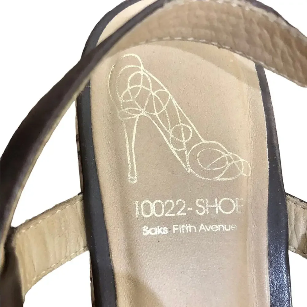 10022-Shoe Saks Fifth Avenue Brown Leather Strap Cork Wedges Size 7